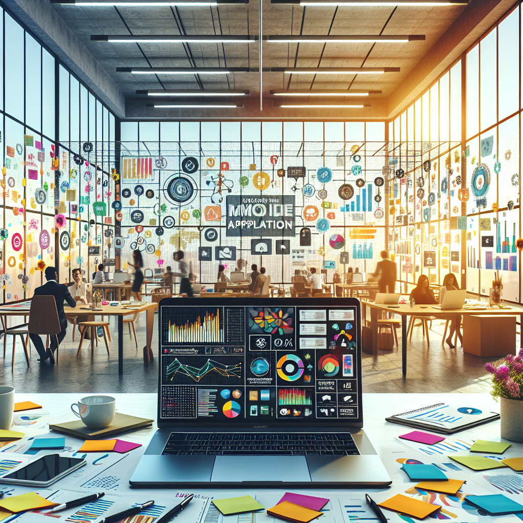 A dynamic workspace highlighting mobile app marketing research with a laptop, sticky notes, and infographics.
