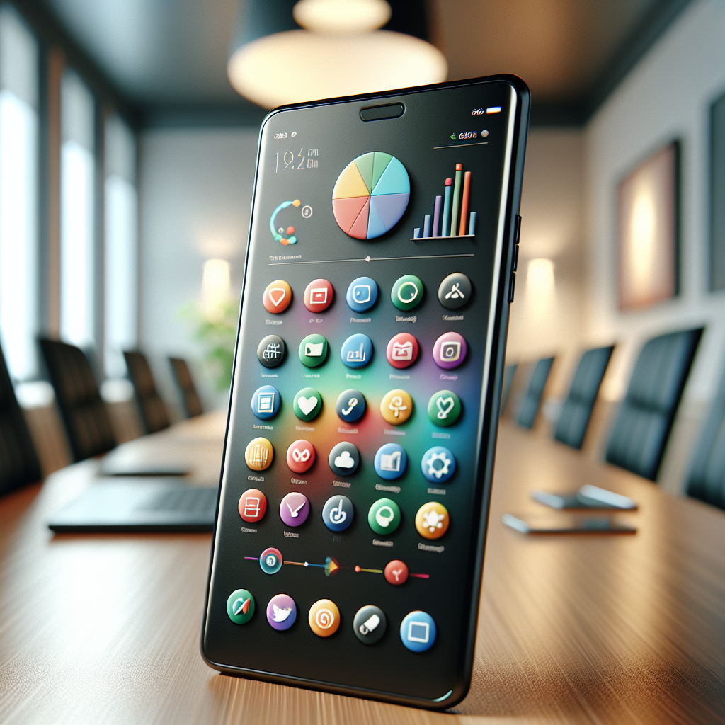 A smartphone displaying app icons related to marketing research in a modern office setting.