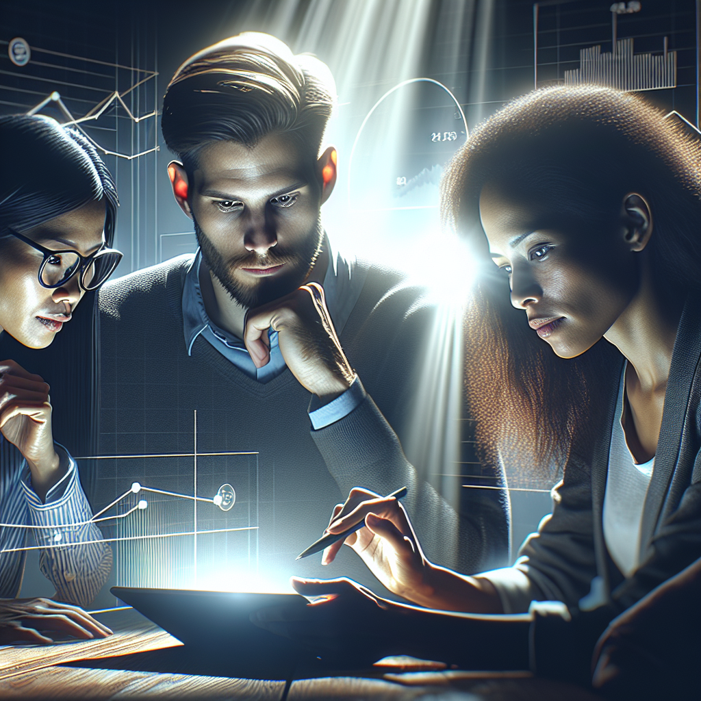 A group of diverse individuals discussing mobile app marketing research around a tablet.