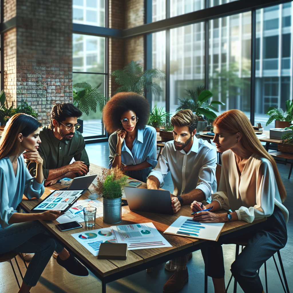 A diverse group of professionals discussing mobile app development in a modern office.