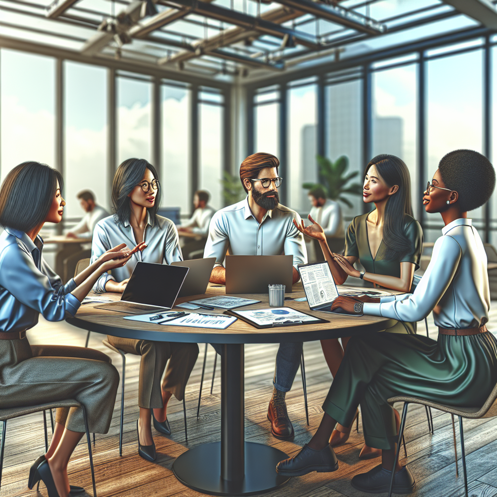 A diverse group of people in a modern office discussing and collaborating.