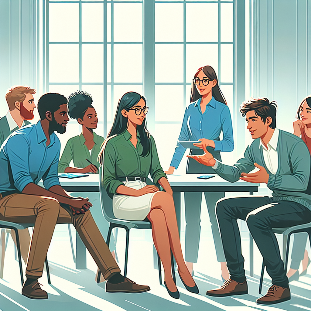 Professionals discussing ideas in a modern office, showcasing clear communication.