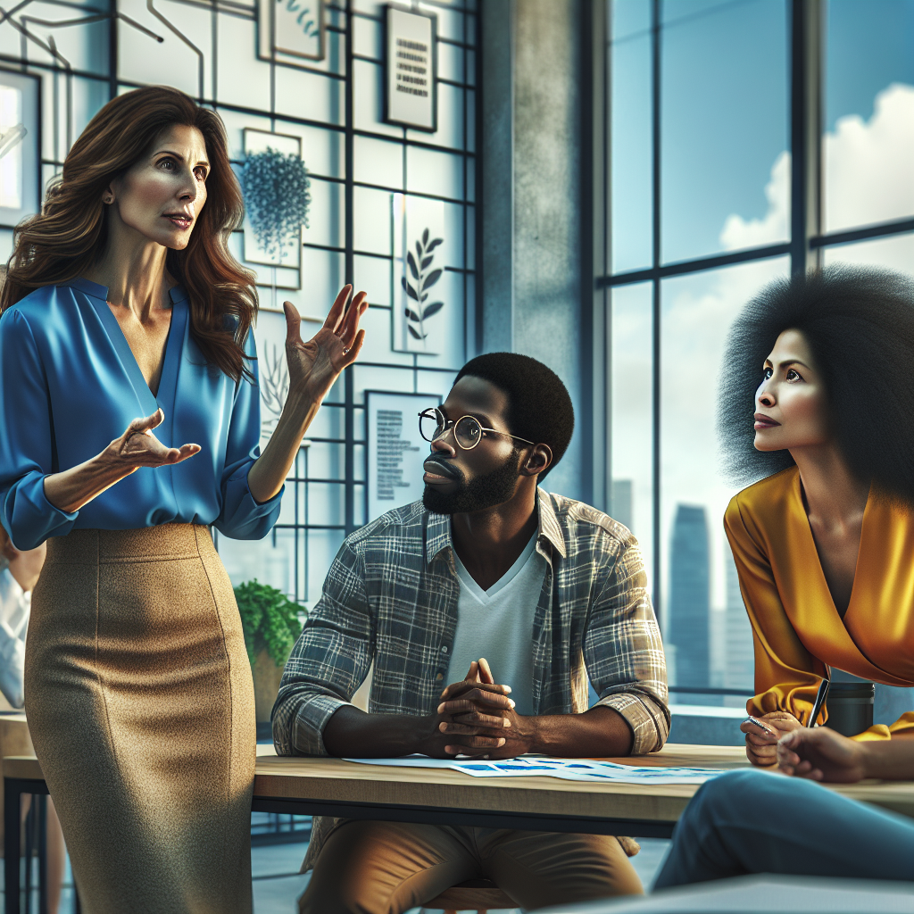 A diverse group of three individuals discussing in an office setting.