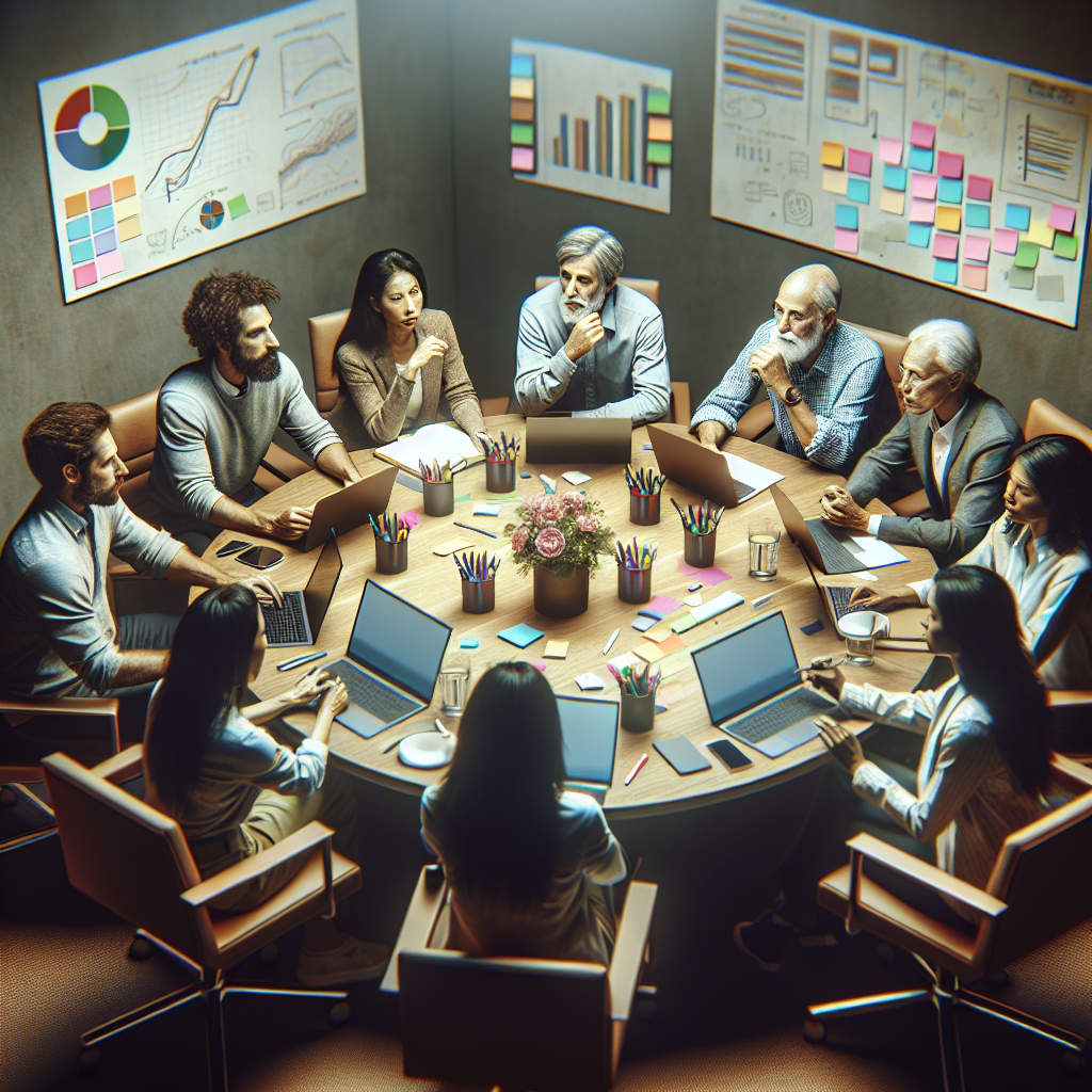 A diverse group of non-technical individuals engaged in a discussion in a comfortable conference room.