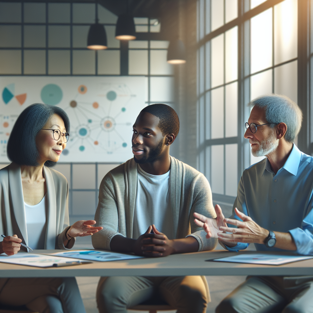 A diverse group of people discussing technology in a modern office.