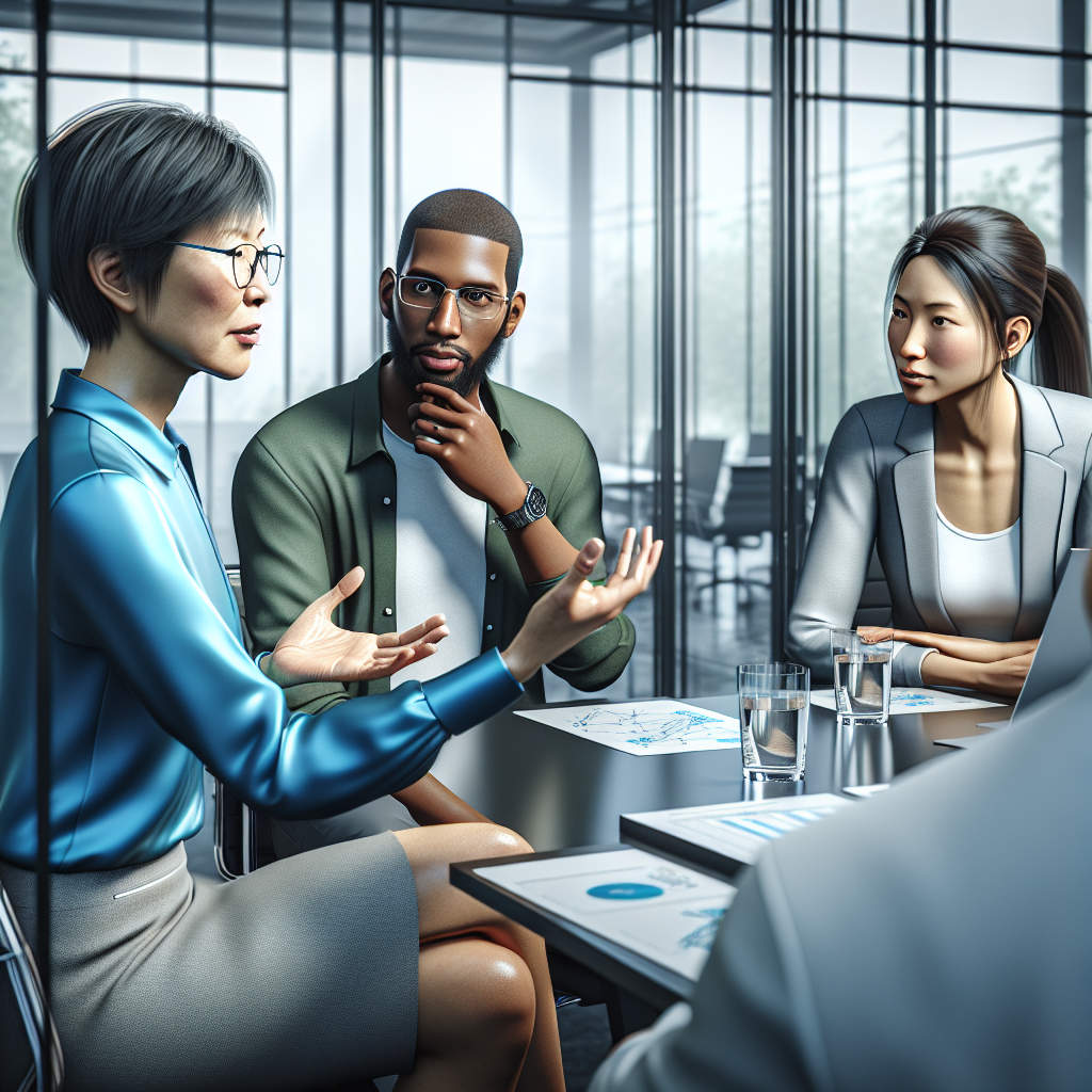 A group of diverse professionals discussing non-technical words in a modern conference room.