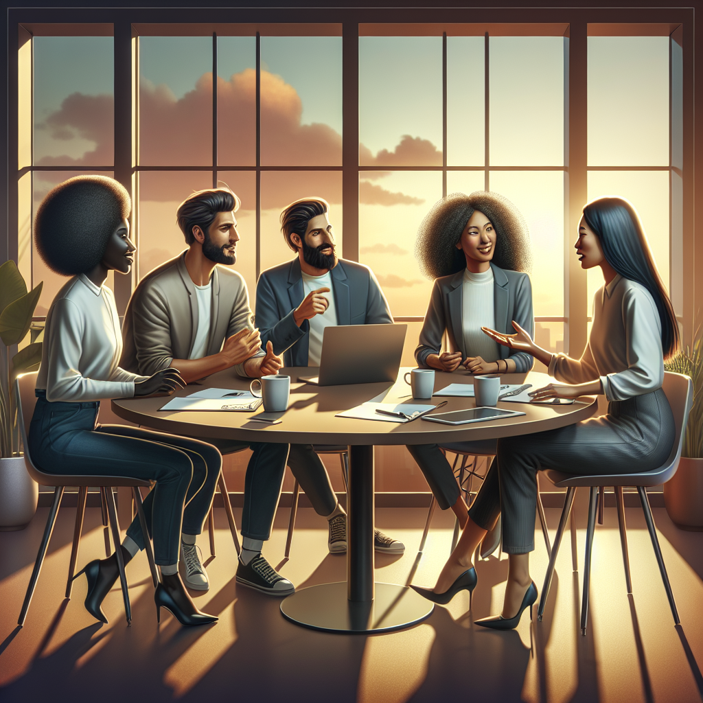 A diverse group of people discussing around a table in a warm, professional setting.