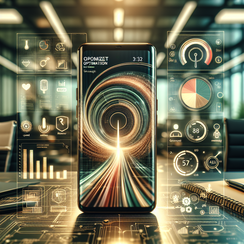 A smartphone displaying an optimized app interface surrounded by icons symbolizing speed and user experience.