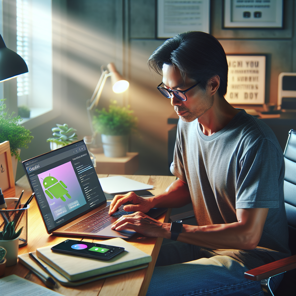 A developer optimizing an Android app at a modern desk.