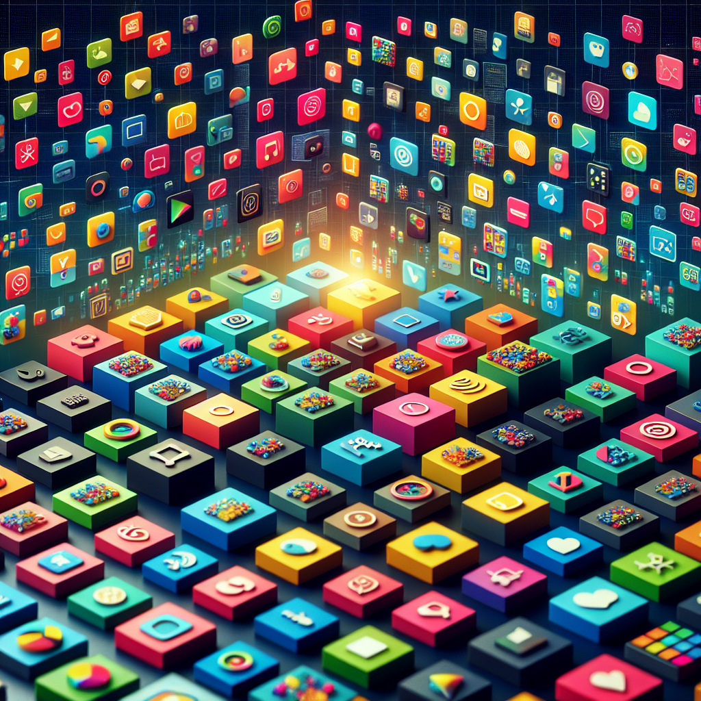 A vibrant mobile application marketplace with various colorful app icons.