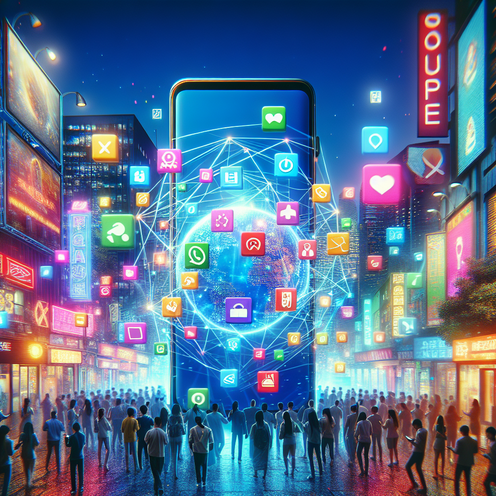 A vibrant smartphone in a busy cityscape illustrating app discovery with various colorful app icons.