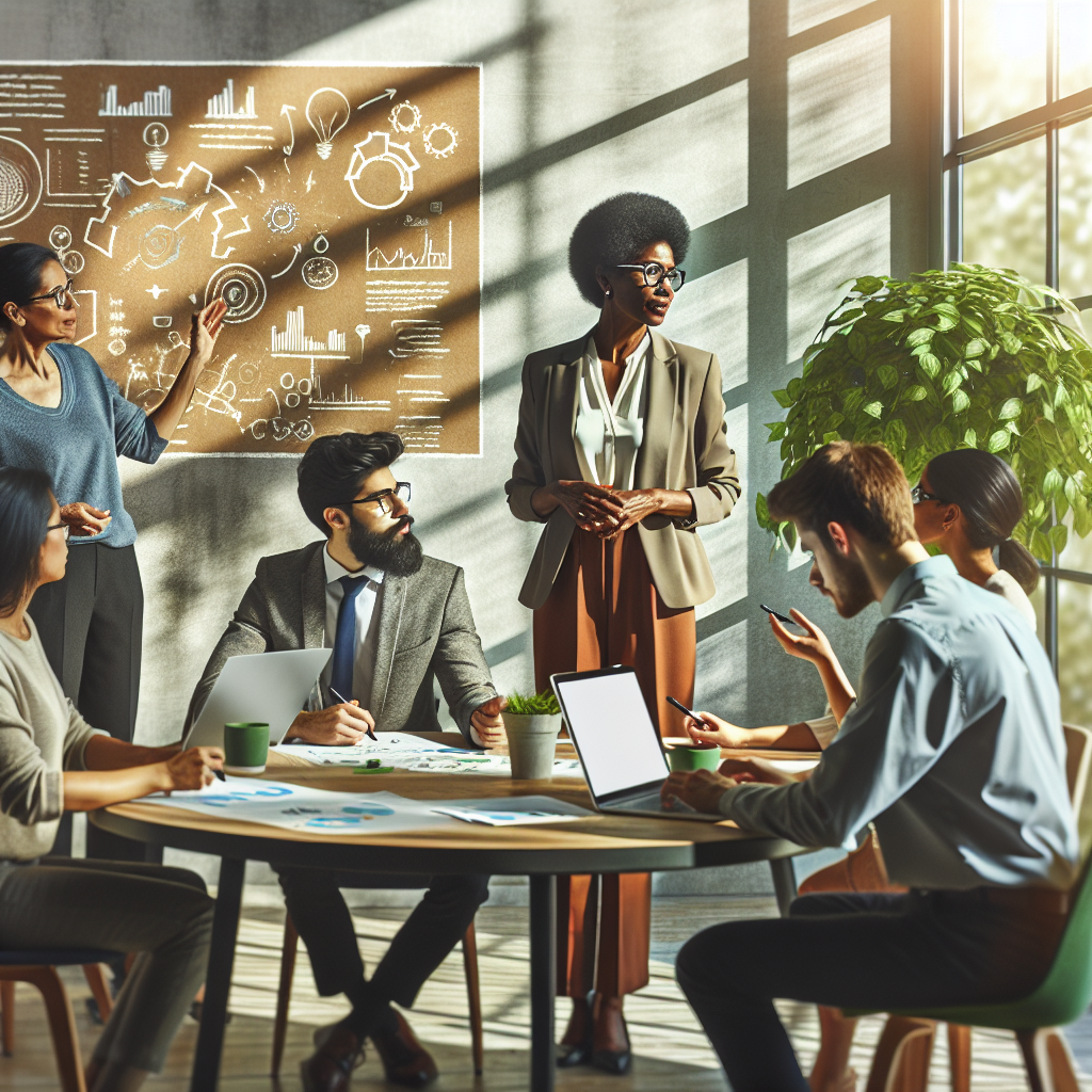 A diverse group of professionals collaborating in a modern office environment.