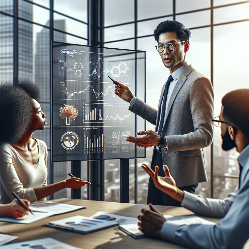 A professional explaining technical concepts to a diverse group in an office setting.