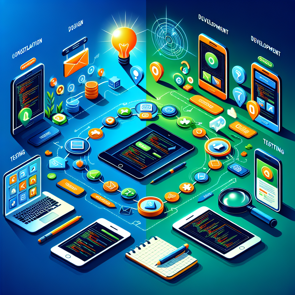 An infographic visualizing the mobile app development process with various stages represented by icons.