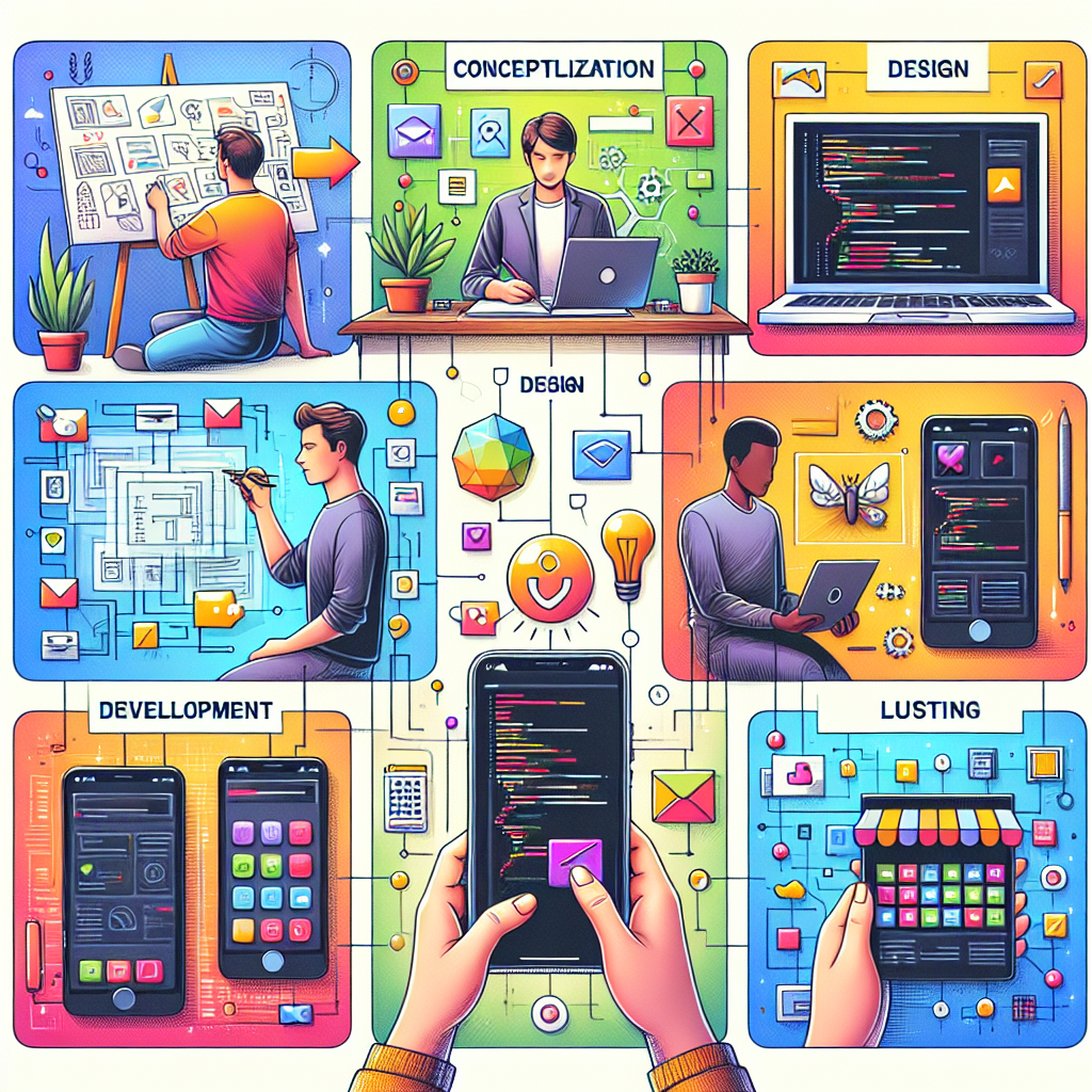 Illustration of the mobile app development process showing five phases: conceptualization, design, development, testing, and launch.