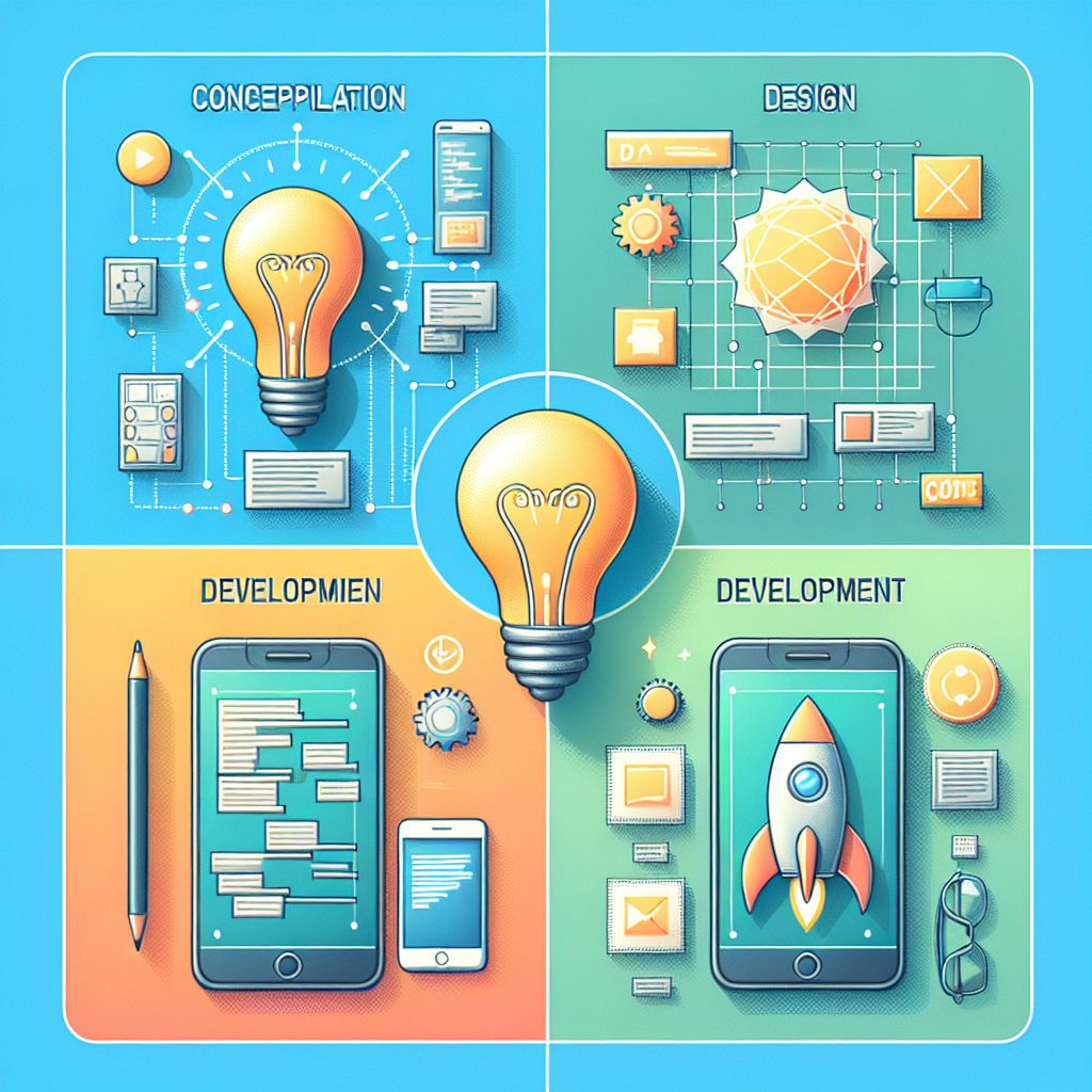 An infographic representing the mobile app development process divided into four sections with icons and color-coded backgrounds.