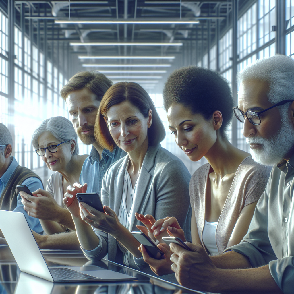 A diverse group of non-technical users interacting with technology in a modern workspace.