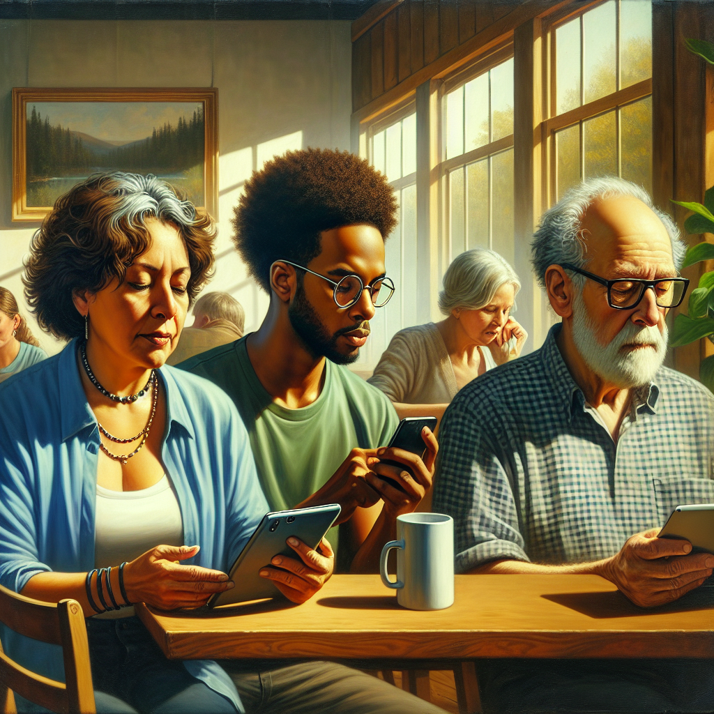 A diverse group of three non-technical users using technology in a cozy cafe.