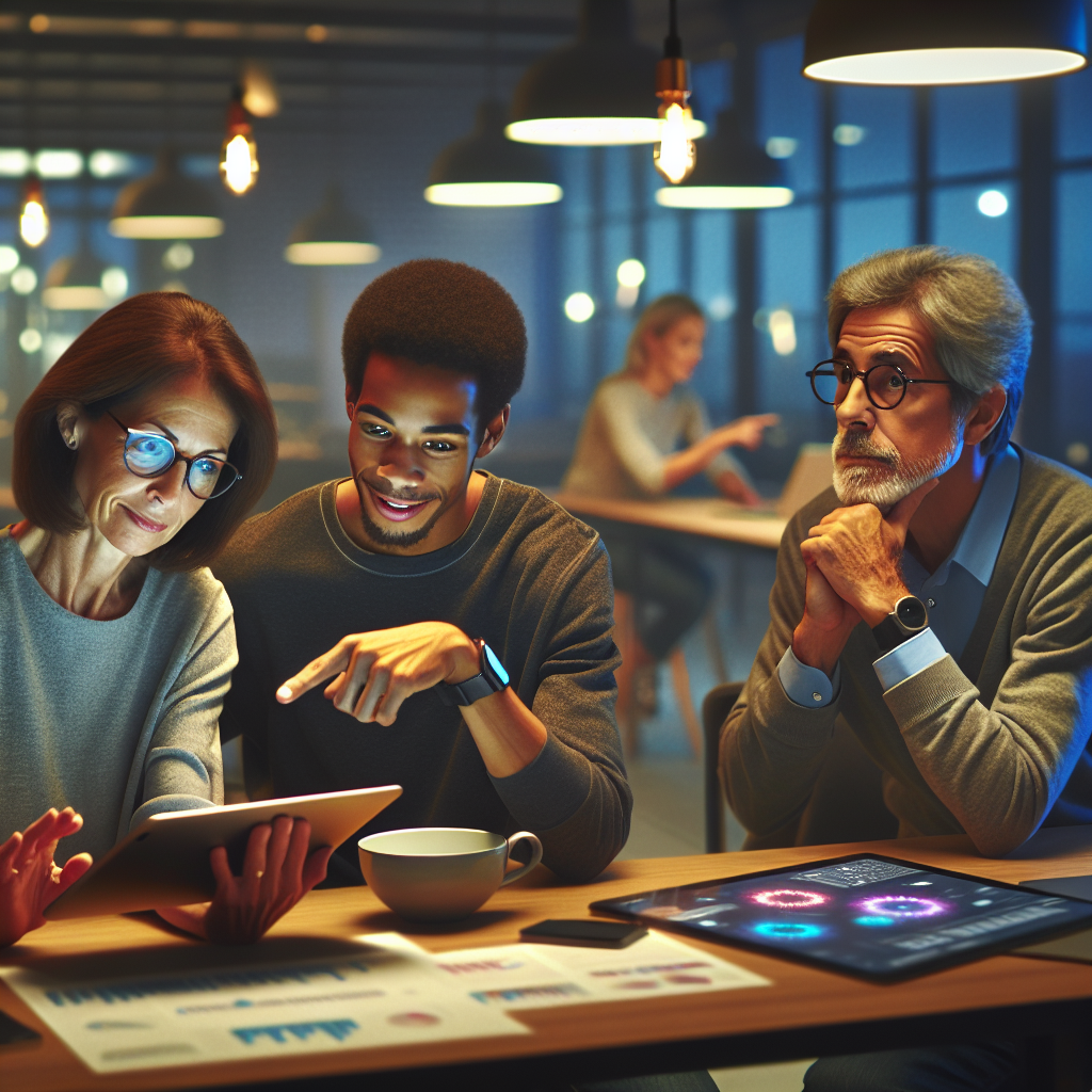 A group of diverse non-technical users interacting with technology in a modern workspace.