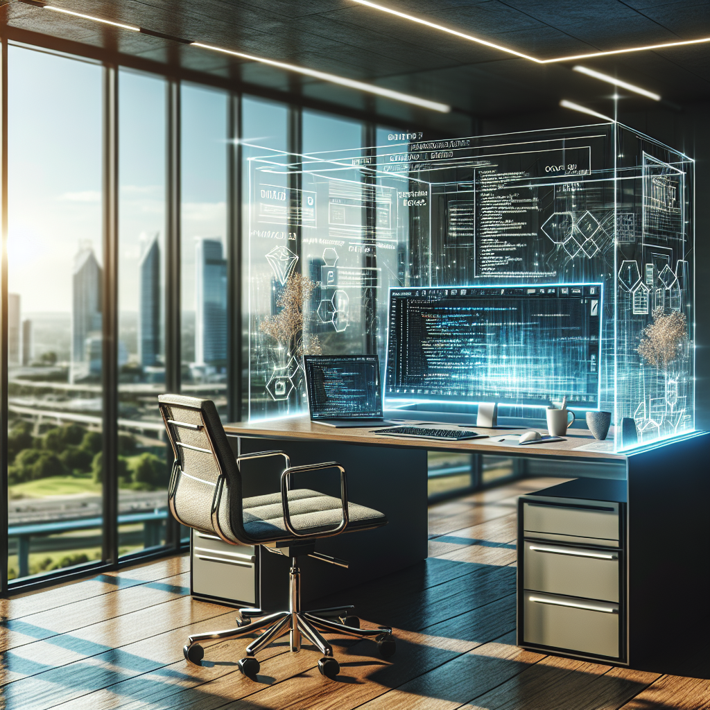 A modern workspace for web app development in 2023 featuring a desk, monitor, laptop, and city skyline view.