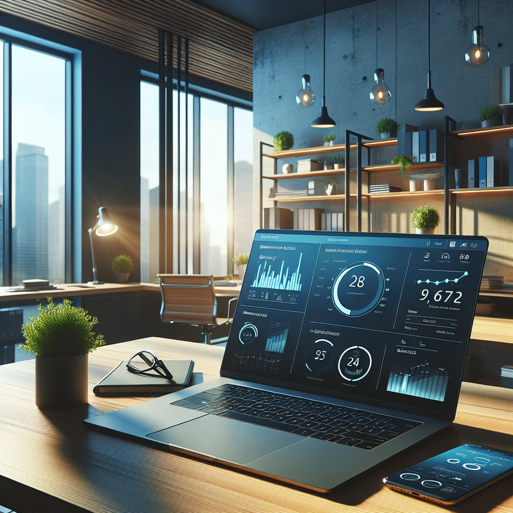 A modern office workspace with a laptop and smartphone displaying B2B apps, illuminated by natural light.