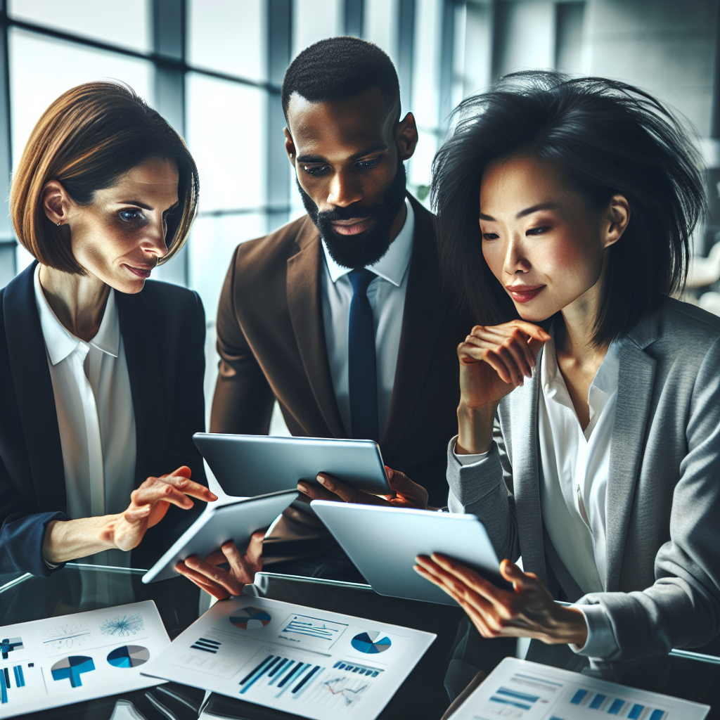 A modern office with diverse professionals discussing B2B mobile applications using digital devices.