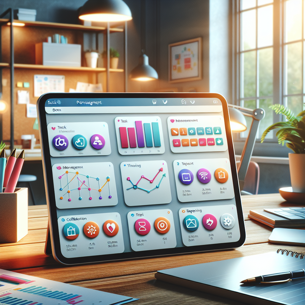 A tablet displaying a colorful project management app interface in a modern office setting.