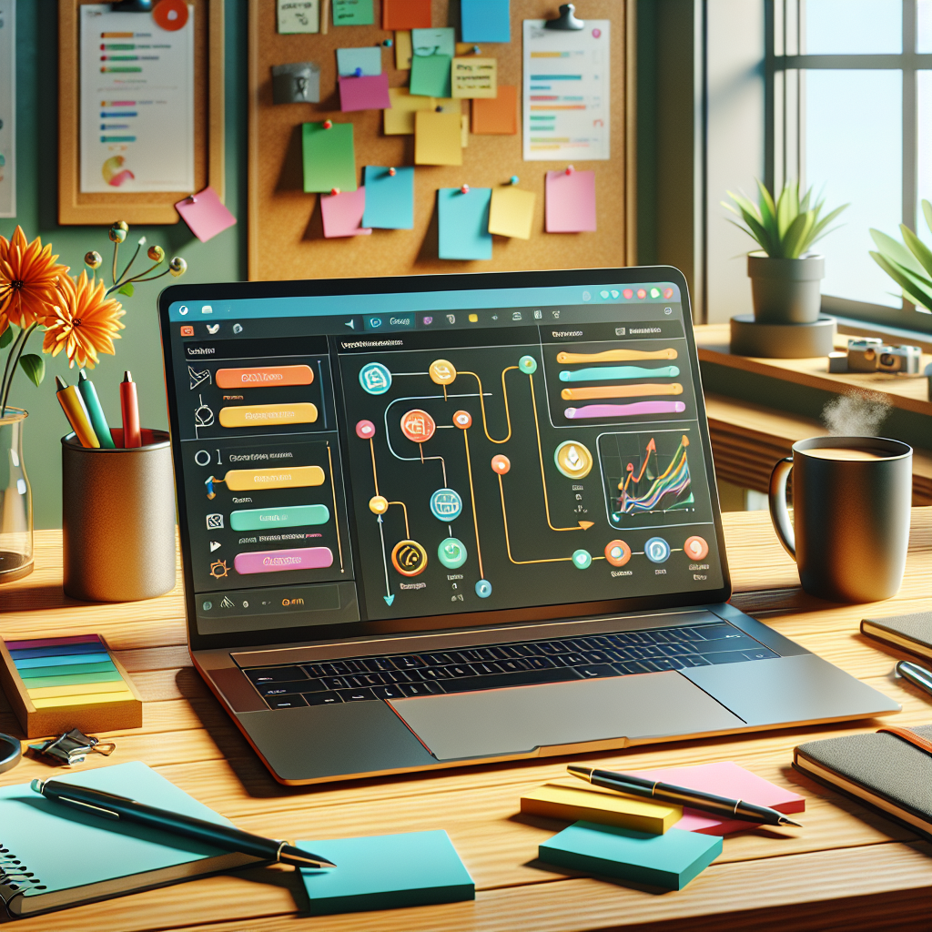 A modern workspace with a laptop displaying a project management app, colorful sticky notes, and plants.