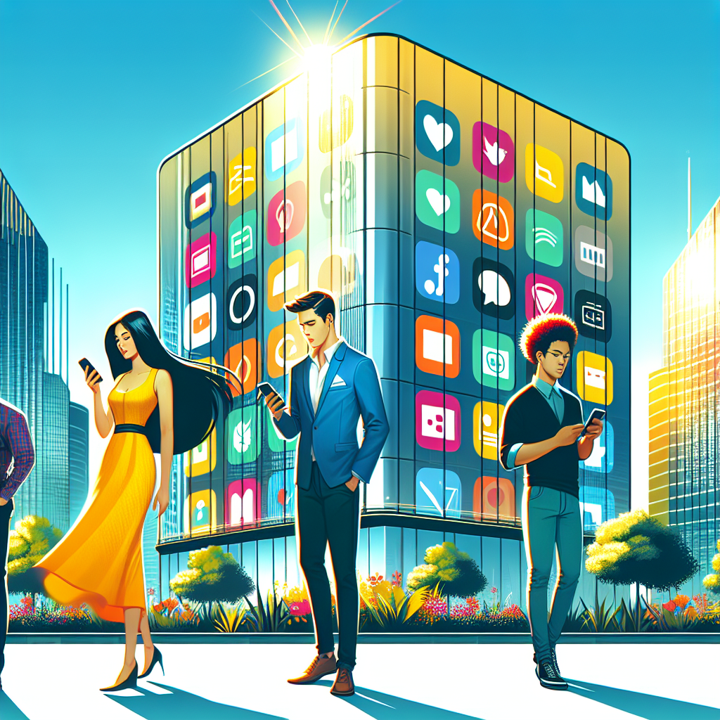 A vibrant urban scene depicting app marketing with diverse people and a digital billboard.