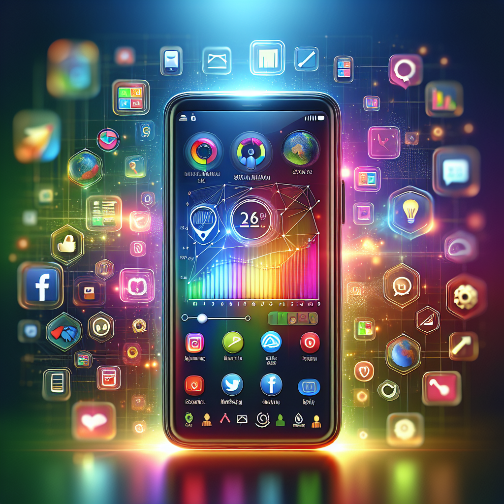 A smartphone showcasing a colorful app marketing interface with graphs and social media icons.