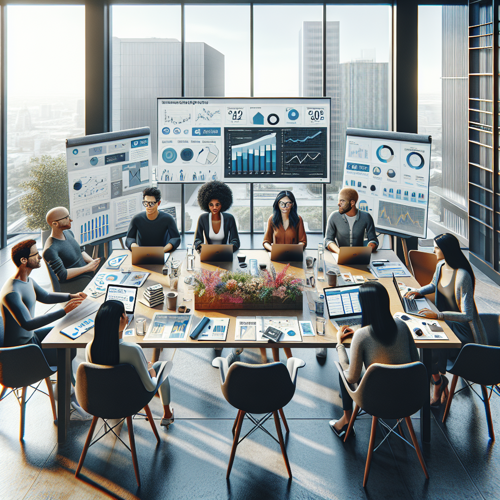 A diverse group of individuals brainstorming mobile app marketing strategies in a modern office.