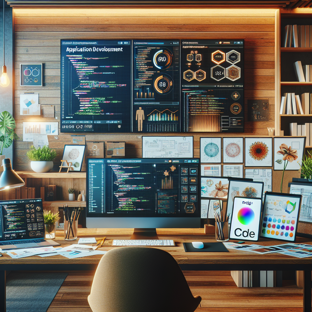 A busy app development workspace with monitors, laptop, design sketches, and a plant.