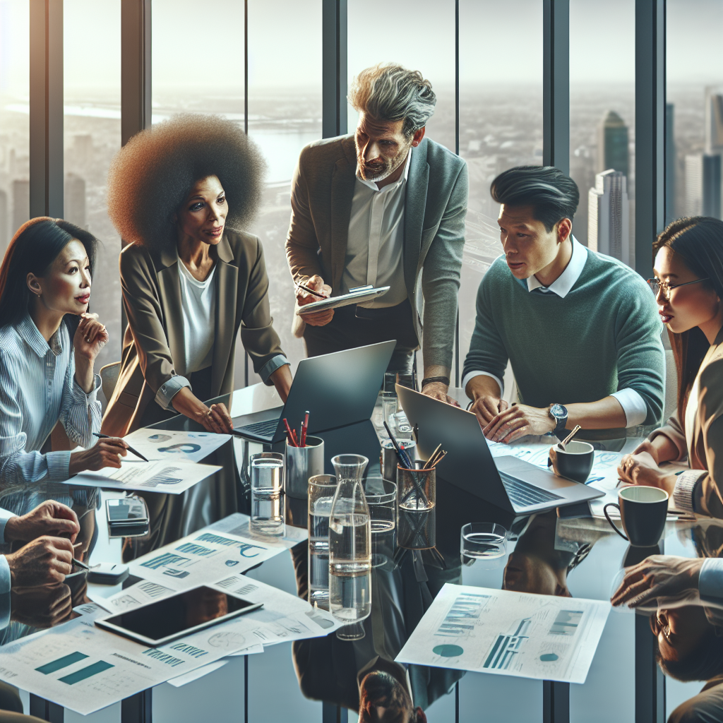 A diverse team of professionals in a brainstorming session about a mobile app go-to-market strategy.