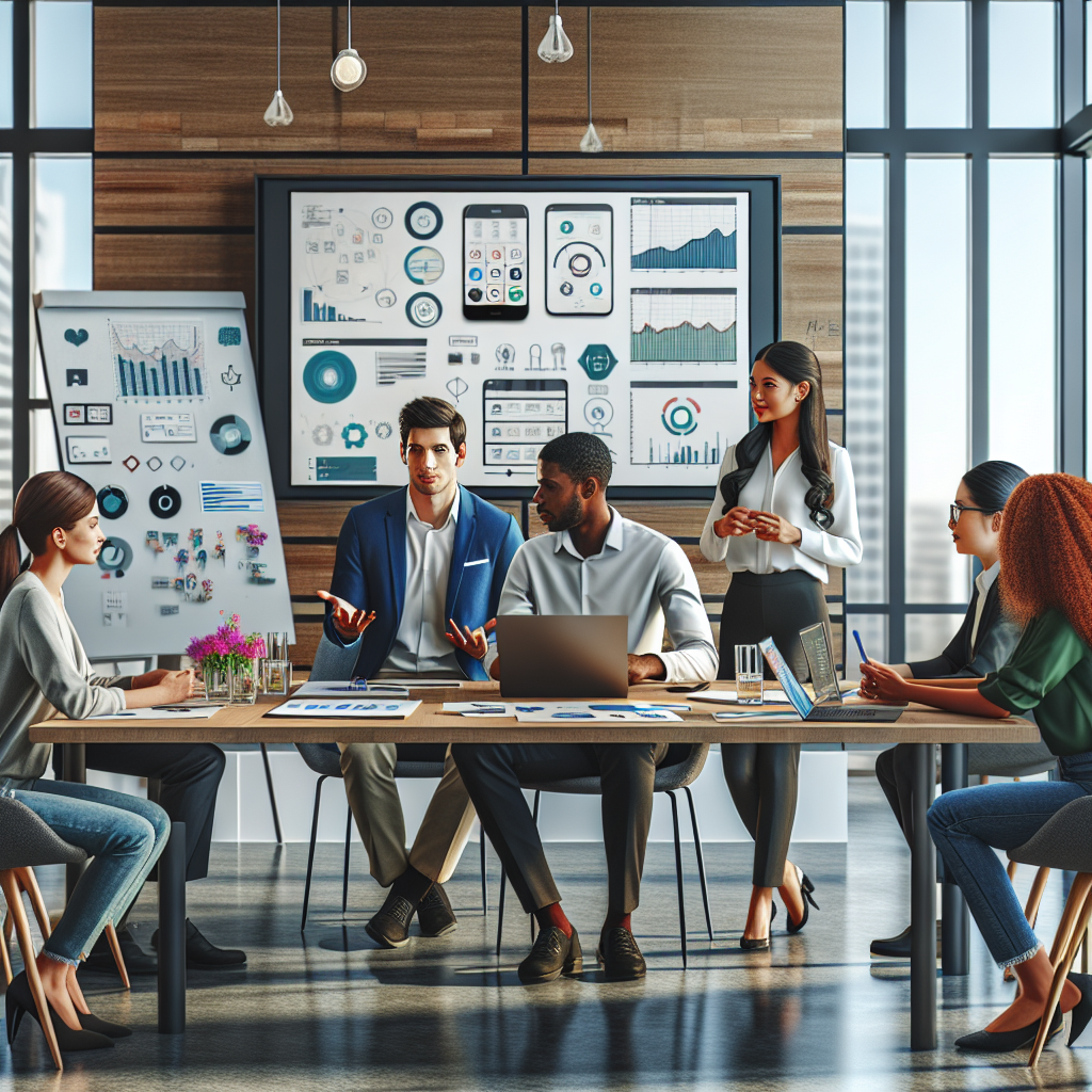 A strategic meeting for app development with a diverse group of people discussing over laptops and charts in a modern office.