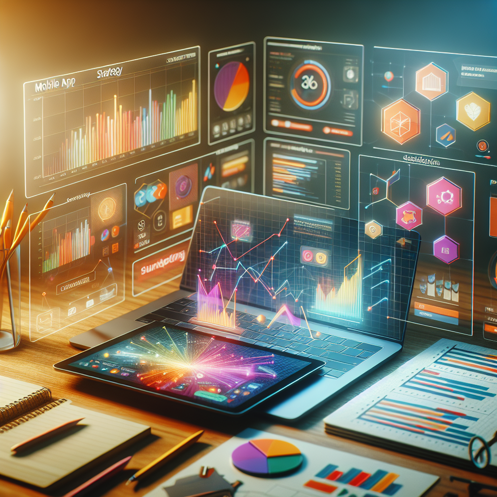 An illustration of a modern workspace dedicated to mobile app strategy with a laptop displaying charts, a tablet showing an app, and scattered brainstorming notes.