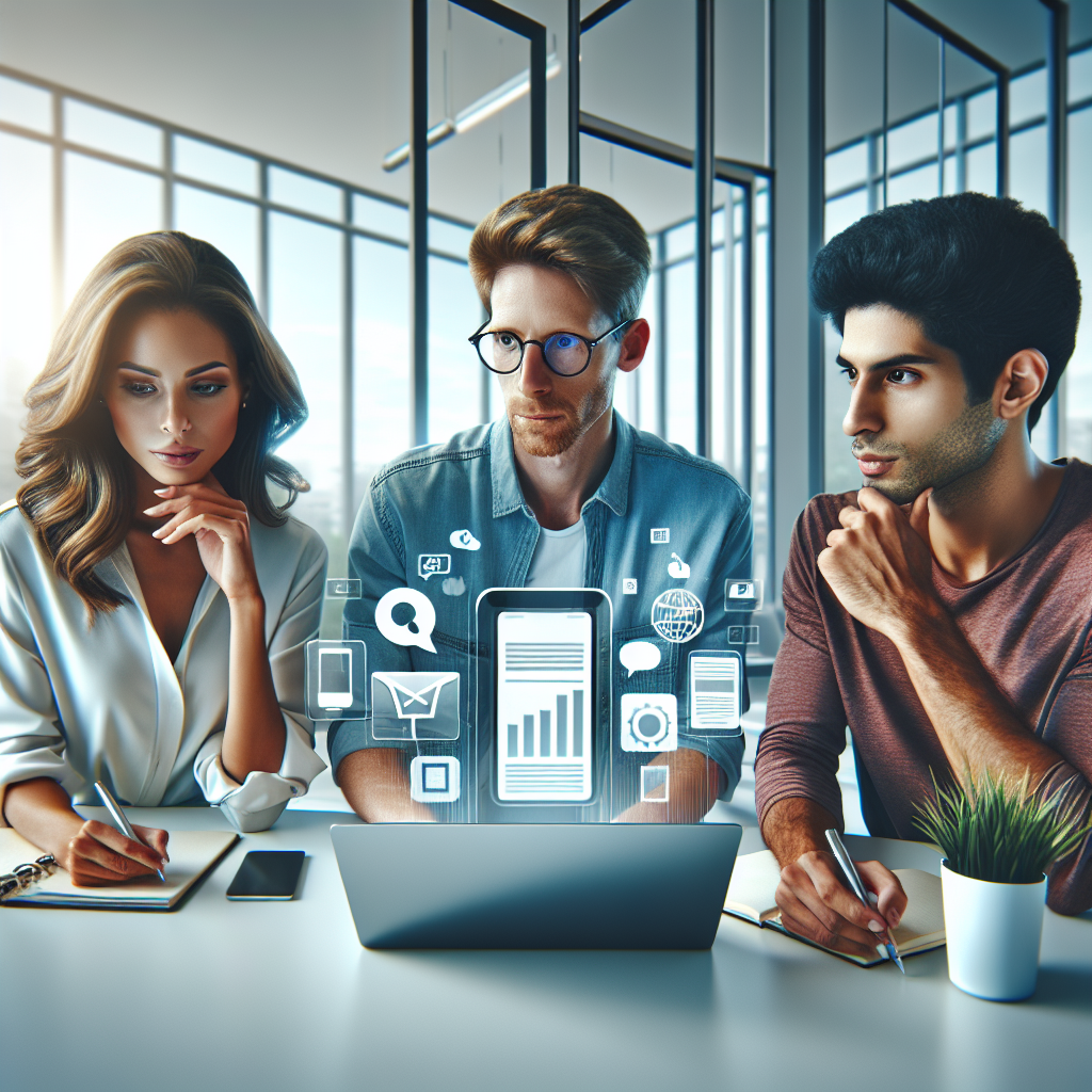 A diverse group of three people collaborating on mobile app marketing in a modern office setting.