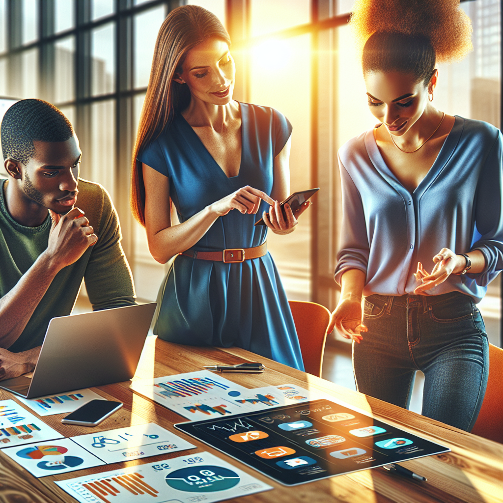 A diverse group collaborating on mobile app marketing in a modern office.