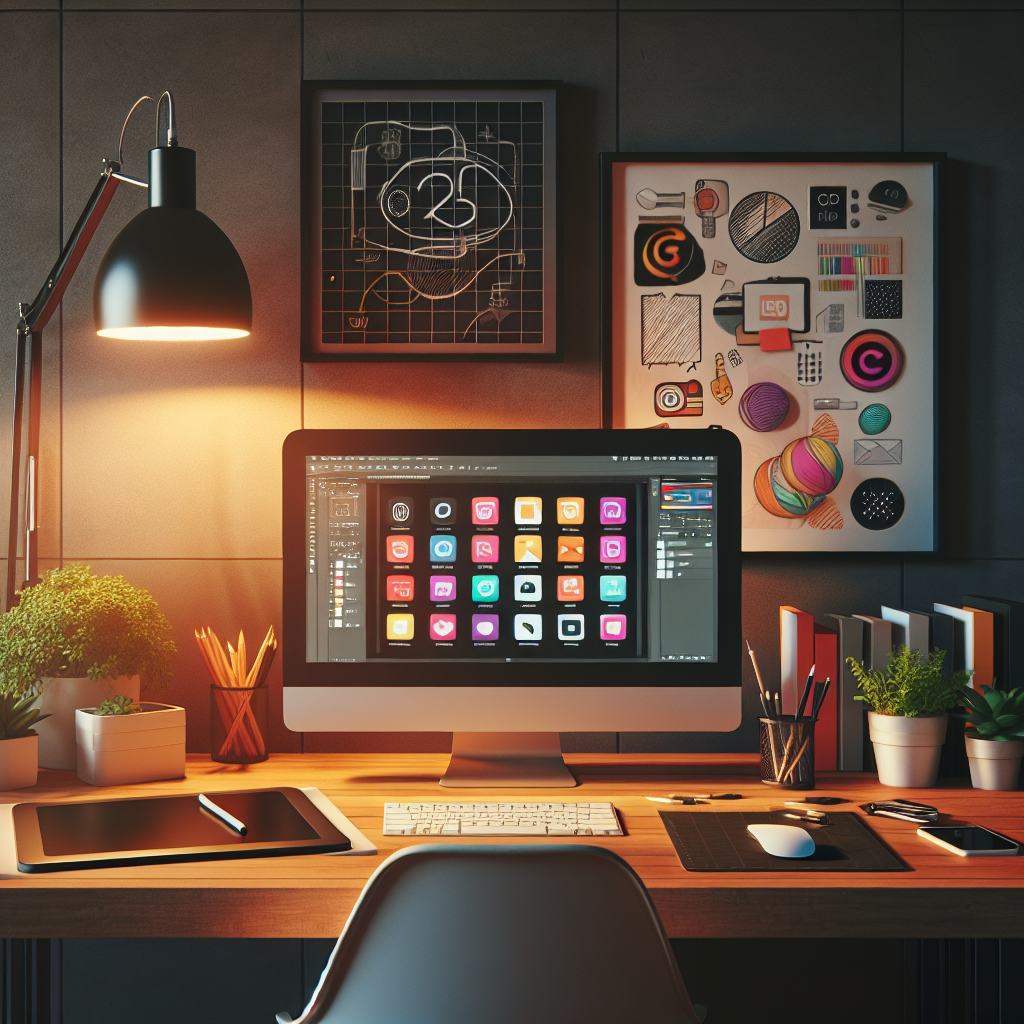 A mobile application developer's workspace with a modern desk, computer, design tools, and a potted plant.