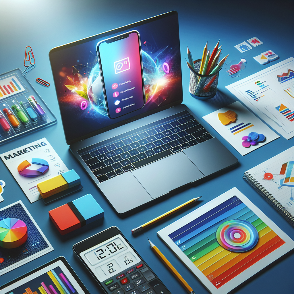 A modern workspace displaying a laptop and colorful marketing materials for a mobile app launch.