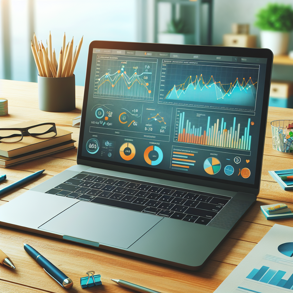 A laptop on a wooden desk displaying colorful charts and marketing icons related to app performance.