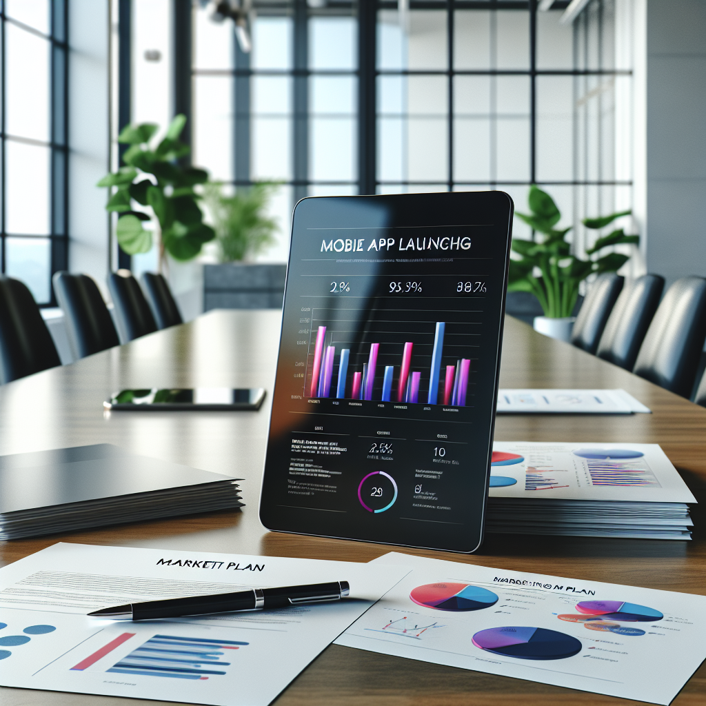 A digital tablet displaying graphs and charts on a modern desk, with a stack of marketing plan documents and an office background.