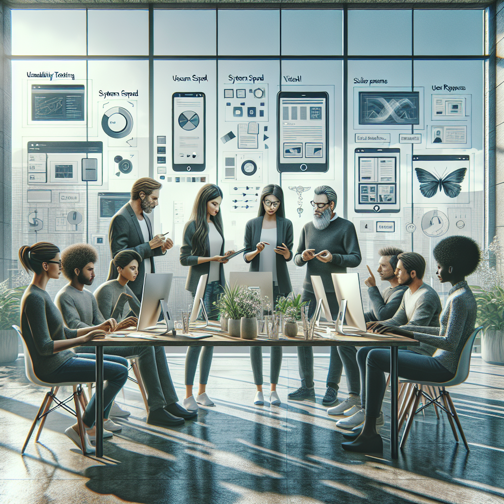 A diverse group of people collaborating on user experience design in a bright, modern workspace.