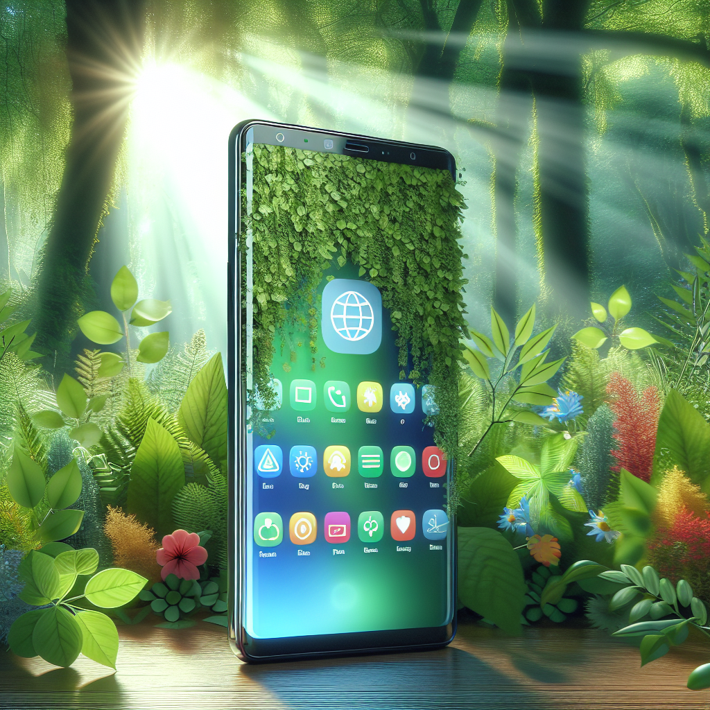 A modern smartphone against a green nature backdrop representing sustainability.