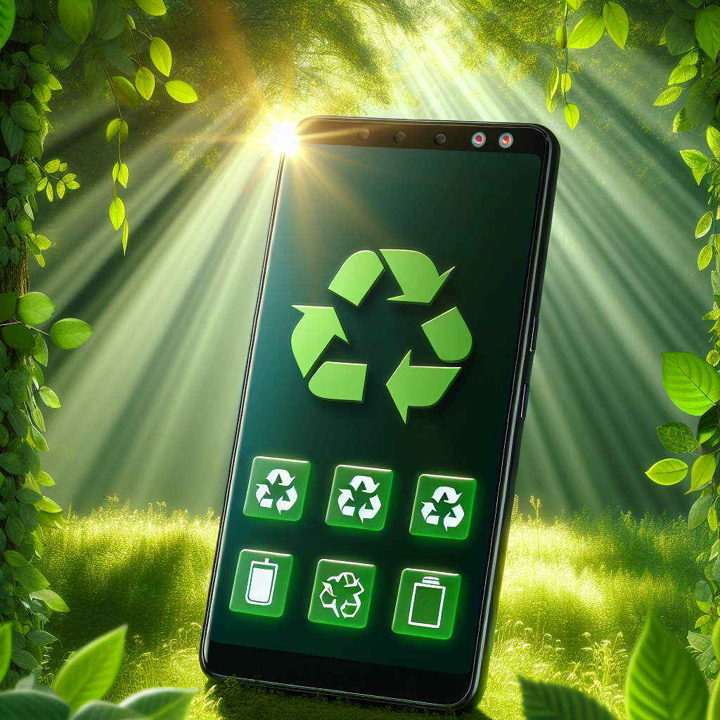 A smartphone displaying a sustainable mobile app interface amidst a nature-themed background.