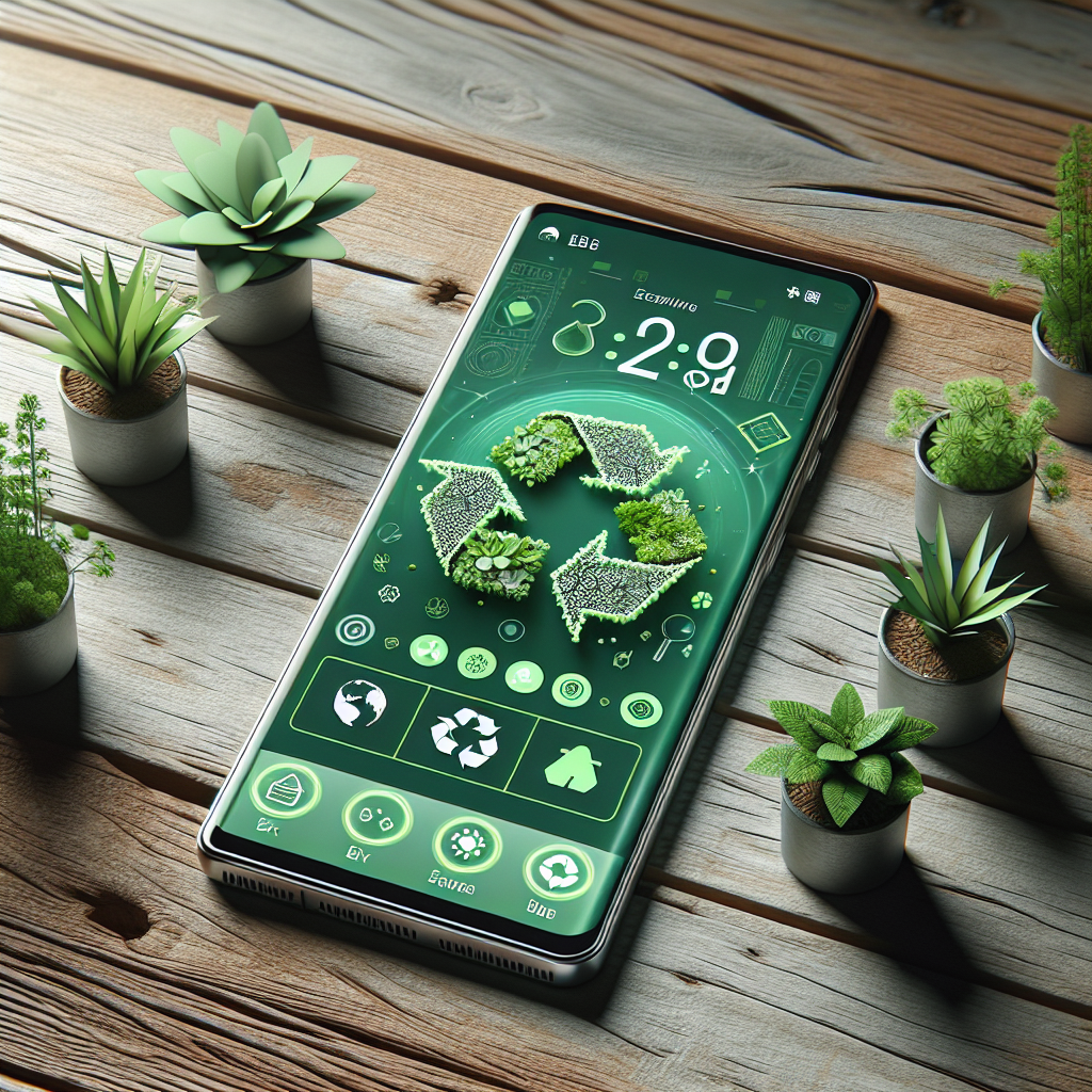 A smartphone displaying an eco-friendly mobile app interface on a wooden table with potted plants.