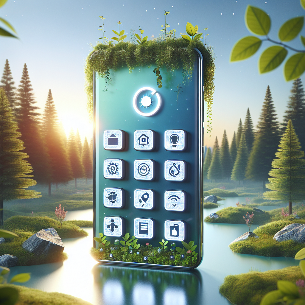 A smartphone representing sustainability with eco-friendly elements and a serene landscape.