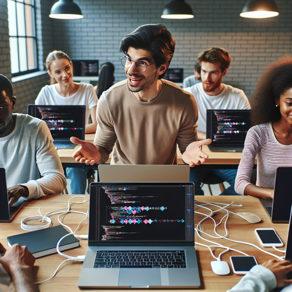 A diverse group of young adults in a classroom setting participating in an app development course.