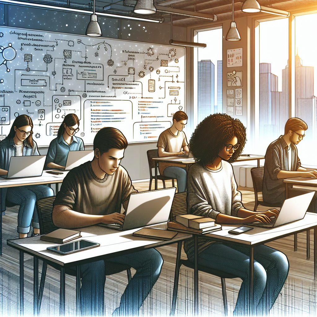 Students in a modern classroom learning app development, engaged with laptops and coding.