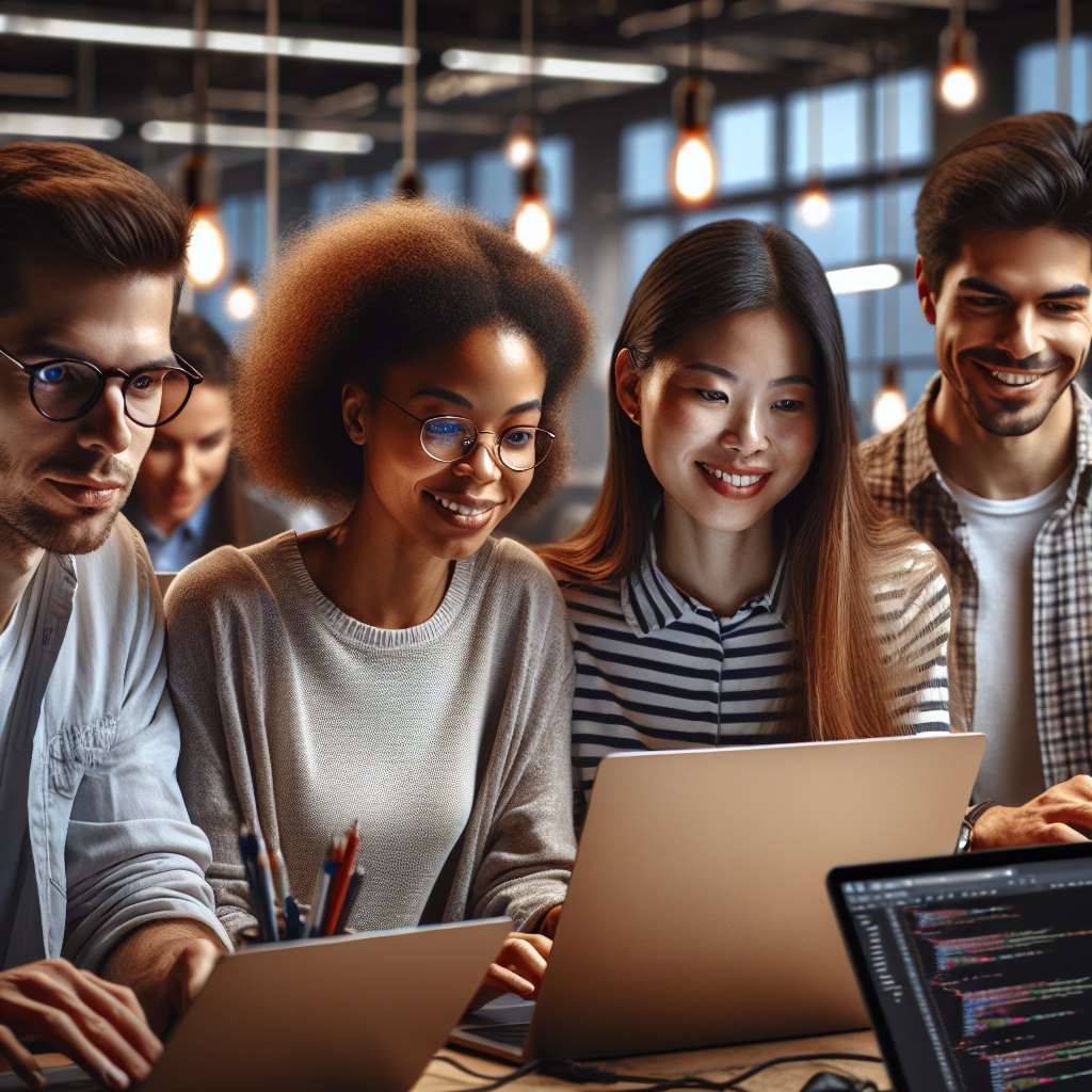 A diverse group of aspiring app developers engaged in a collaborative learning environment.