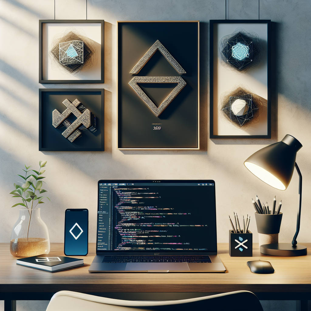 A modern workspace illustrating cross-platform mobile app development with a laptop, smartphone, and framework posters.
